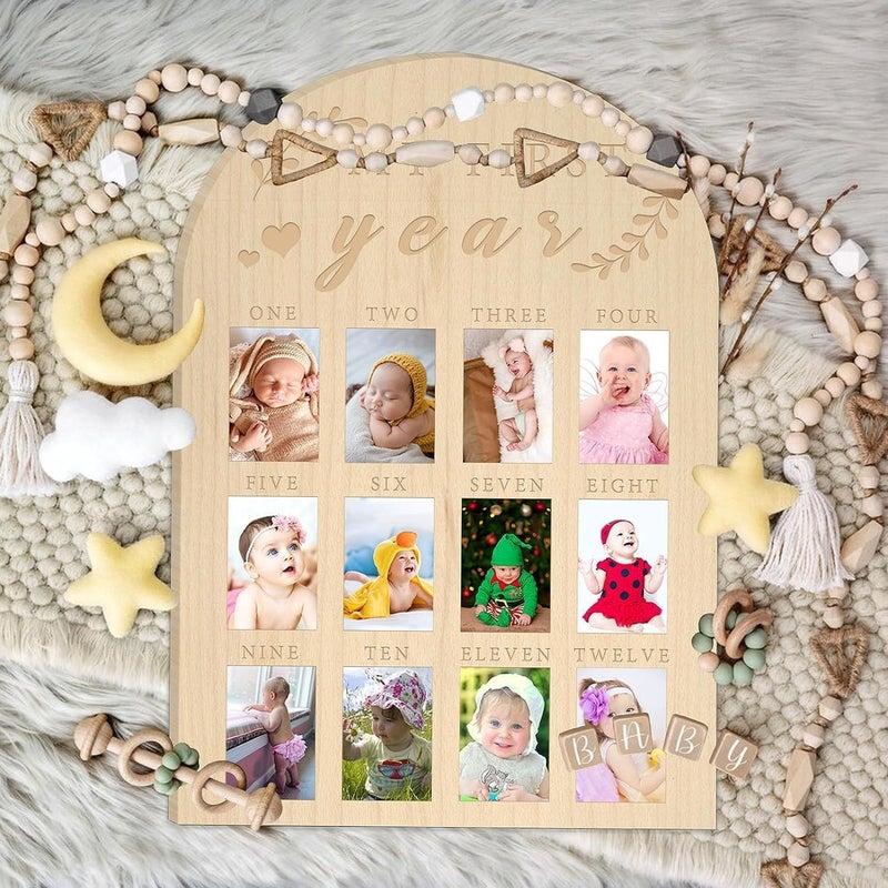 Febvao 12 Monthly Picture Frame,One Year Birthday Wooden Photo Board, My First Year Milestone Photo Board Baby First year Wood Sign (Arches) - Image 4